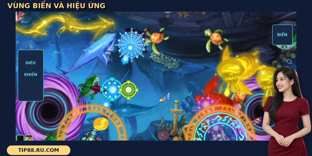 Bắn cá Lucky Fishing TIP88 với các sinh vật biển, rồng vàng và vòng sáng quanh pháo.