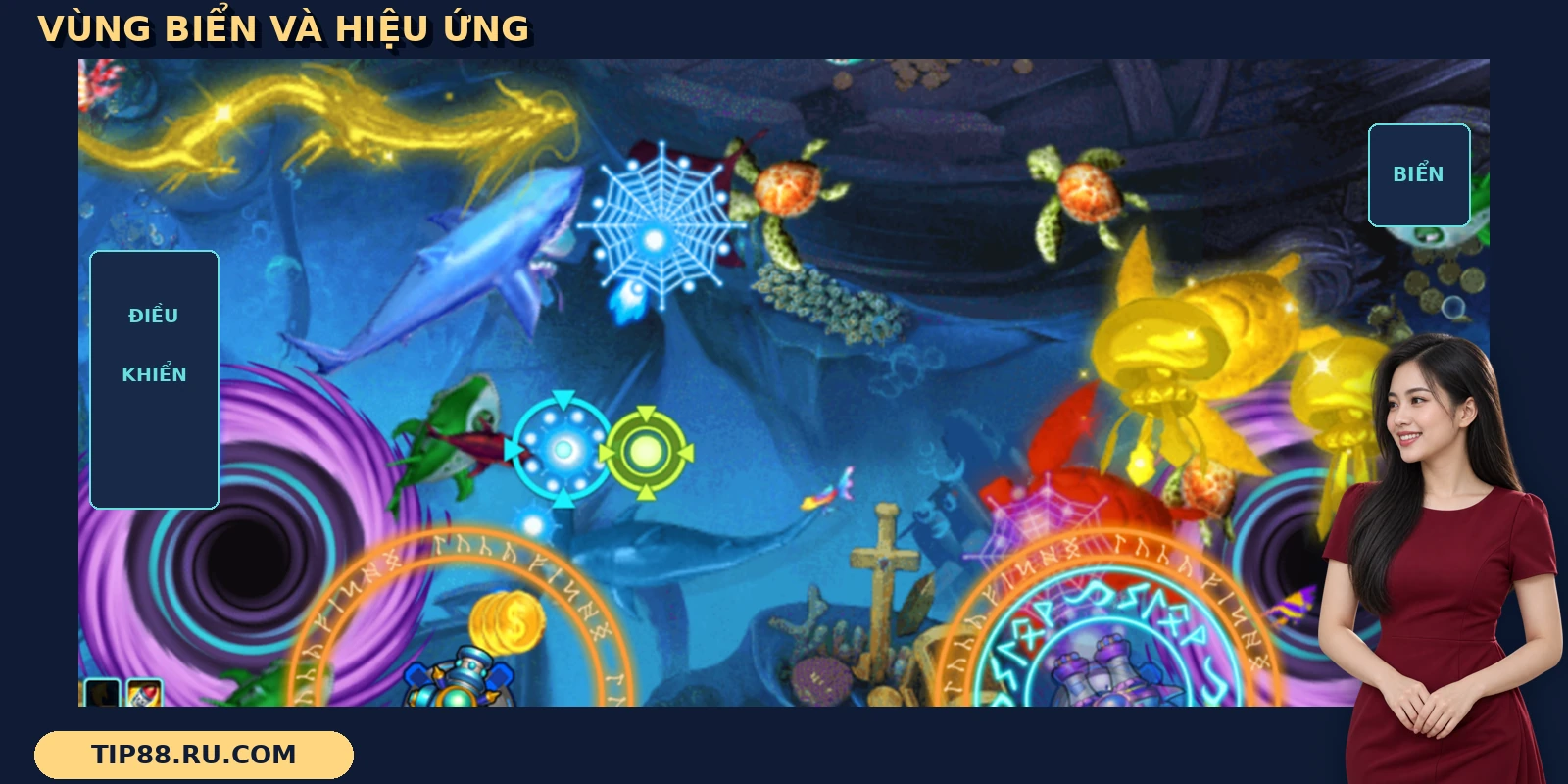 Bắn cá Lucky Fishing TIP88 với các sinh vật biển, rồng vàng và vòng sáng quanh pháo.
