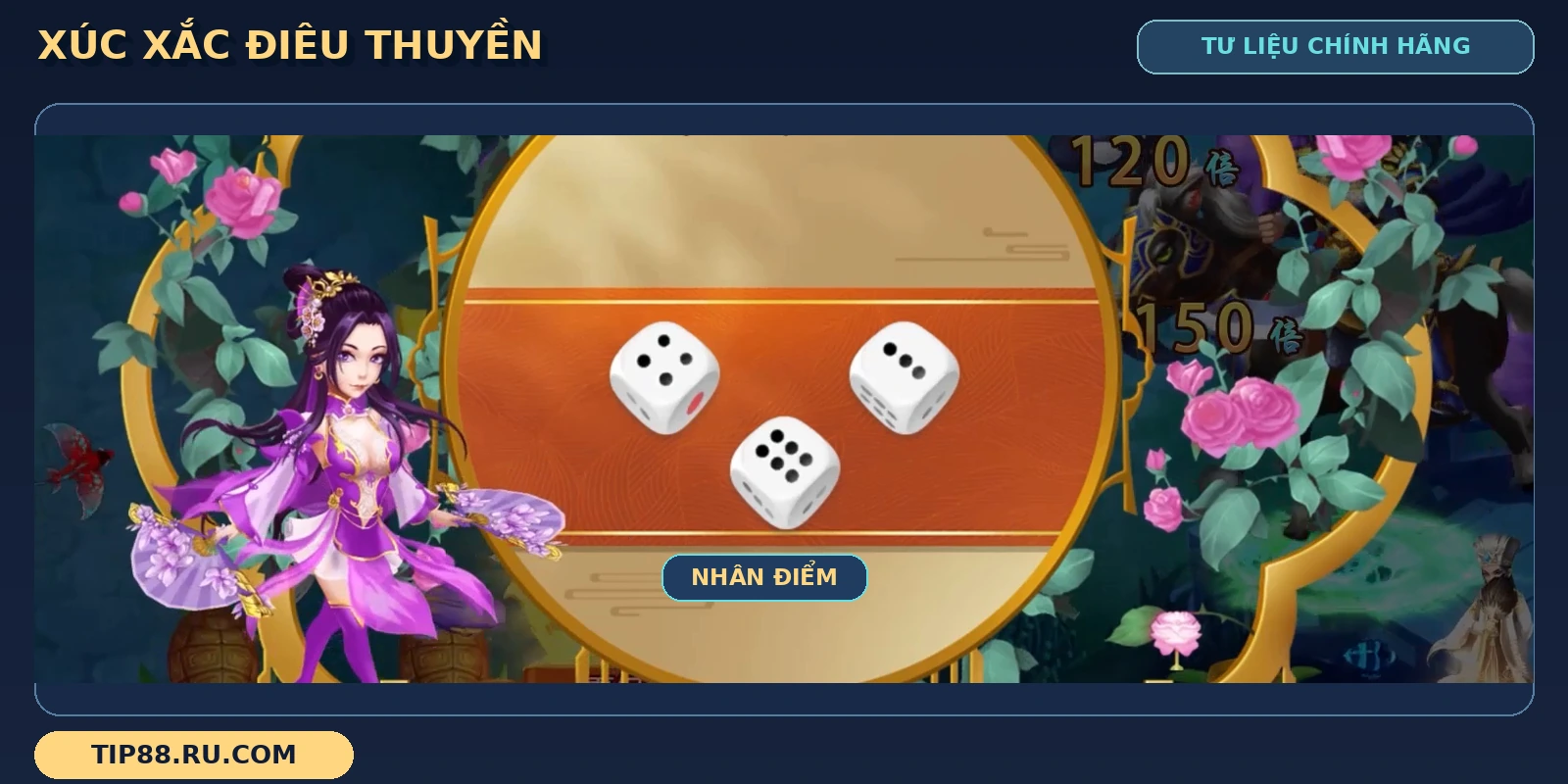 Vòng phụ Bắn cá Tam Quốc hiển thị Điêu Thuyền và xúc xắc trên khung tròn trang trí hoa.
