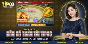 Boss Thần Tài áo đỏ cùng đàn cá nhiều màu trong màn Bắn cá Thần Tài TIP88