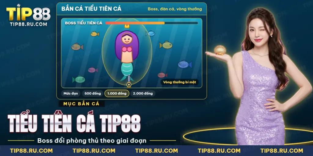 Bàn bắn cá có nàng tiên cá làm boss giữa đàn cá nhiều màu trong bắn cá Tiểu Tiên Cá TIP88