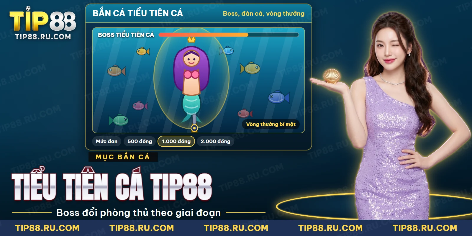 Bàn bắn cá có nàng tiên cá làm boss giữa đàn cá nhiều màu trong bắn cá Tiểu Tiên Cá TIP88