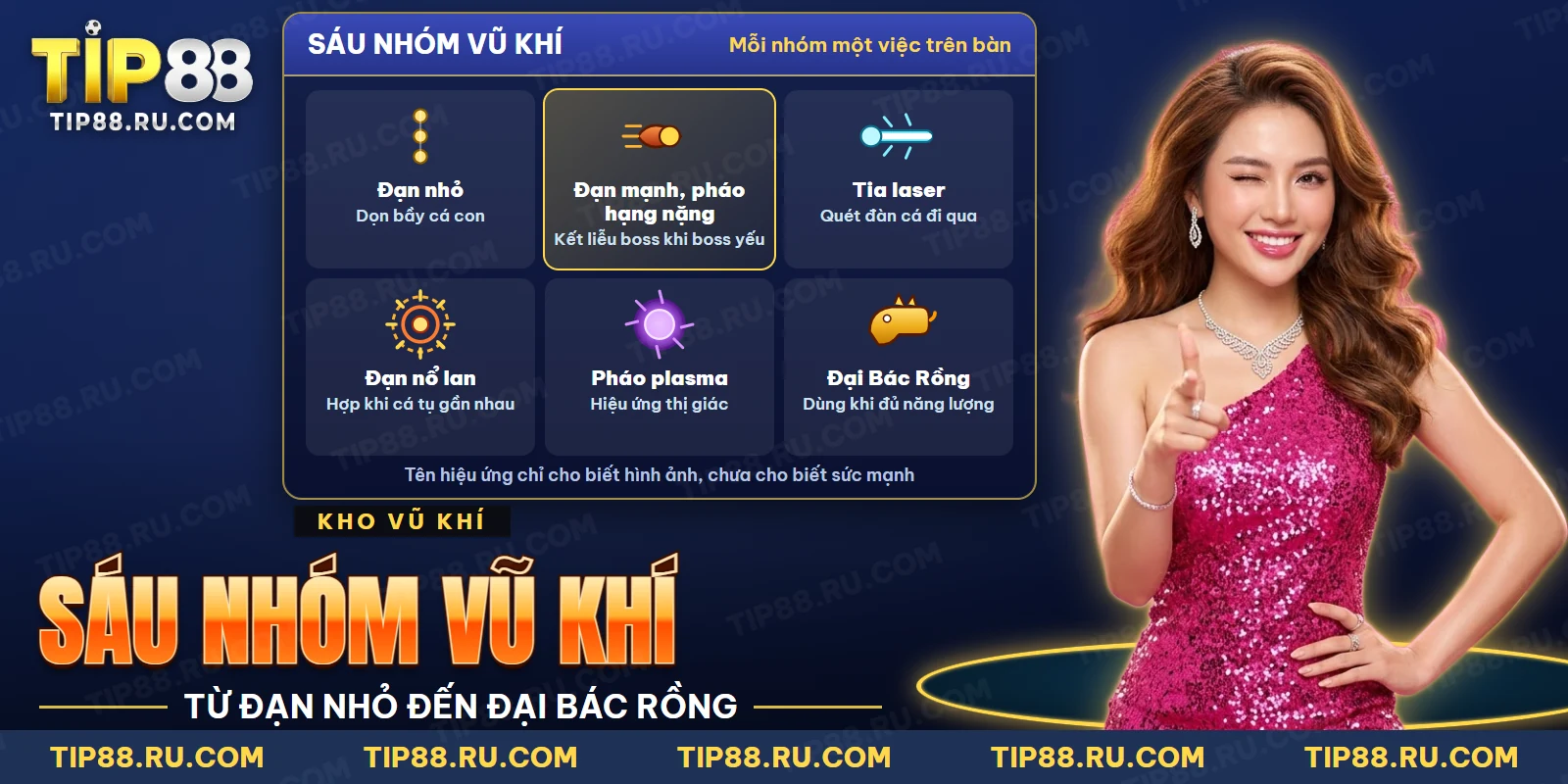 Các nhóm vũ khí từ đạn nhỏ đến Đại Bác Rồng của bắn cá Tiểu Tiên Cá, mỗi nhóm một việc