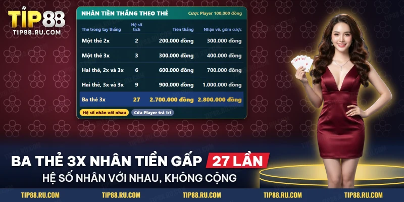 Bảng nhân tiền thắng của Prosperity Tree Baccarat TIP88 từ một thẻ đến ba thẻ hệ số lớn
