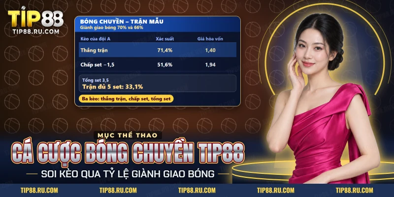 Cá cược bóng chuyền TIP88 với bảng xác suất kèo thắng trận, chấp set và tổng set của một trận