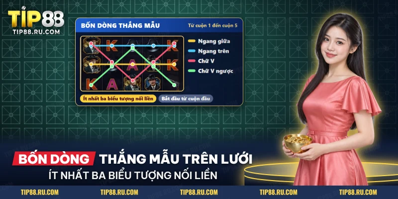 Bốn dòng thắng mẫu ngang giữa, ngang trên, chữ V và chữ V ngược trên lưới năm cuộn