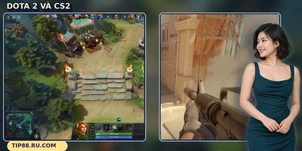Giao diện Dota 2 và CS2 TIP88 với bản đồ nhỏ, nhân vật và súng