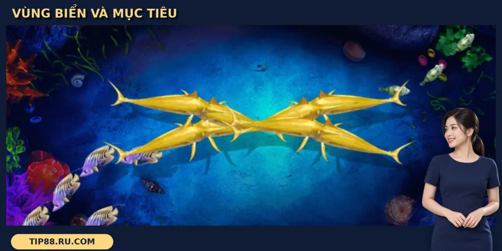 Dragon Fishing II TIP88 với đàn cá kiếm vàng và các cá nhỏ trong vùng biển xanh.