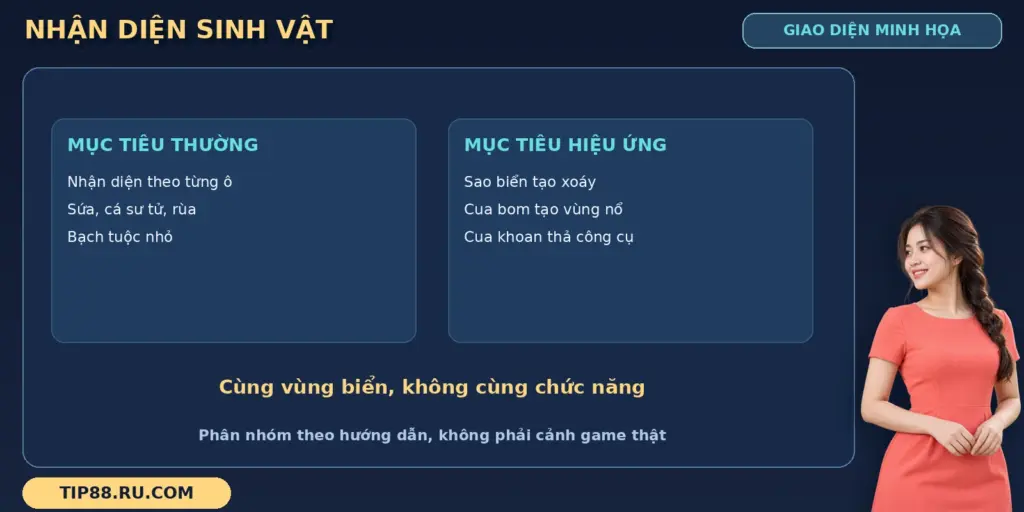 Bắn cá Happy Fishing TIP88 qua bảng thể hiện phân biệt mục tiêu thường và mục tiêu hiệu ứng.