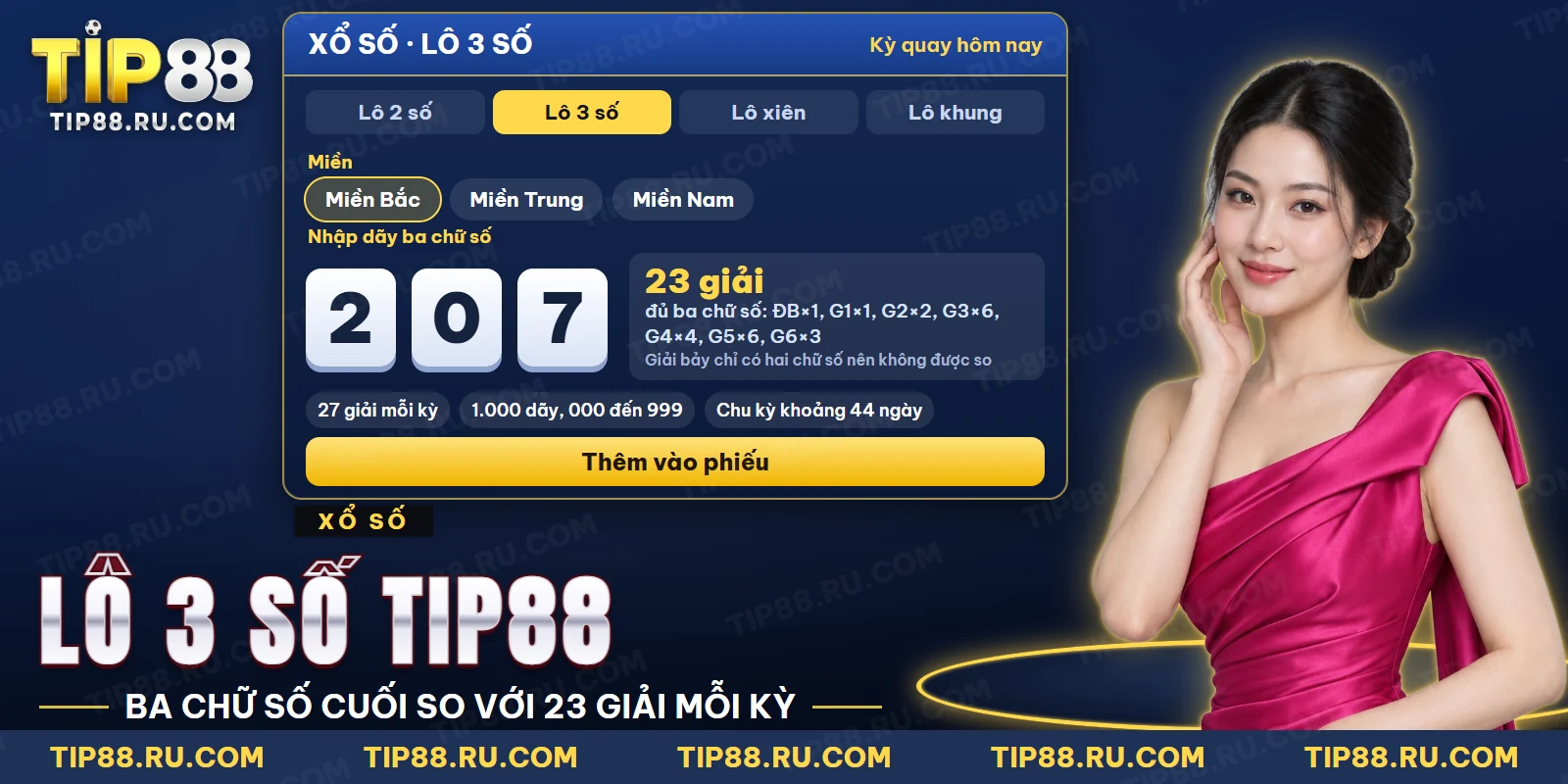 Giao diện chọn lô 3 số TIP88 với ô nhập ba chữ số