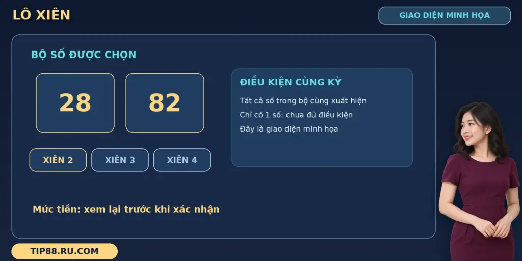 Lô xiên TIP88 với các ô chọn số và lựa chọn kiểu xiên trong giao diện đặt cược