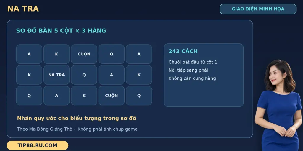 Na Tra TIP88 với sơ đồ 5 cột, 3 hàng, nhãn biểu tượng quy ước và ghi chú 243 cách thắng.