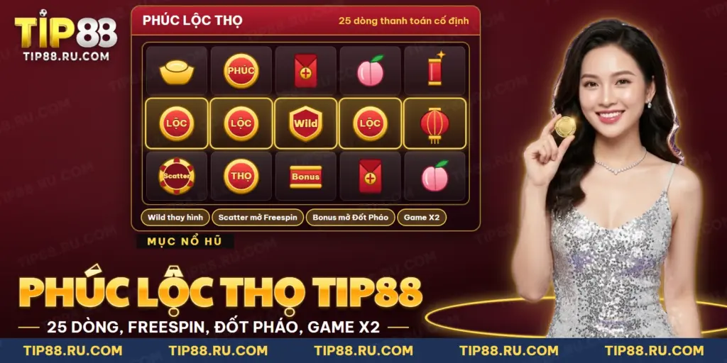 Lưới cuộn có biểu tượng Phúc, Lộc, Thọ cùng nguyên bảo và pháo đỏ trong nổ hũ Phúc Lộc Thọ TIP88
