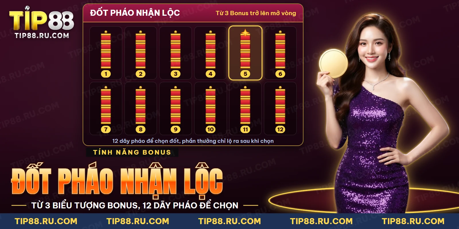 Vòng Đốt Pháo Nhận Lộc với các dãy pháo để chọn trong nổ hũ Phúc Lộc Thọ