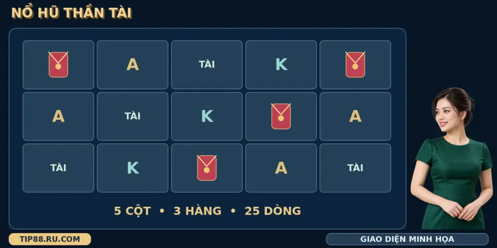 Nổ hũ Thần Tài TIP88 với bàn quay năm cột ba hàng và phong bao lì xì