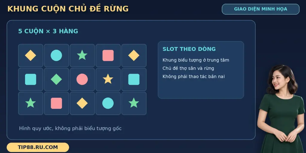 Thợ Săn Nai Vàng TIP88 qua khung biểu tượng quy ước và nhãn slot theo dòng trong giao diện.